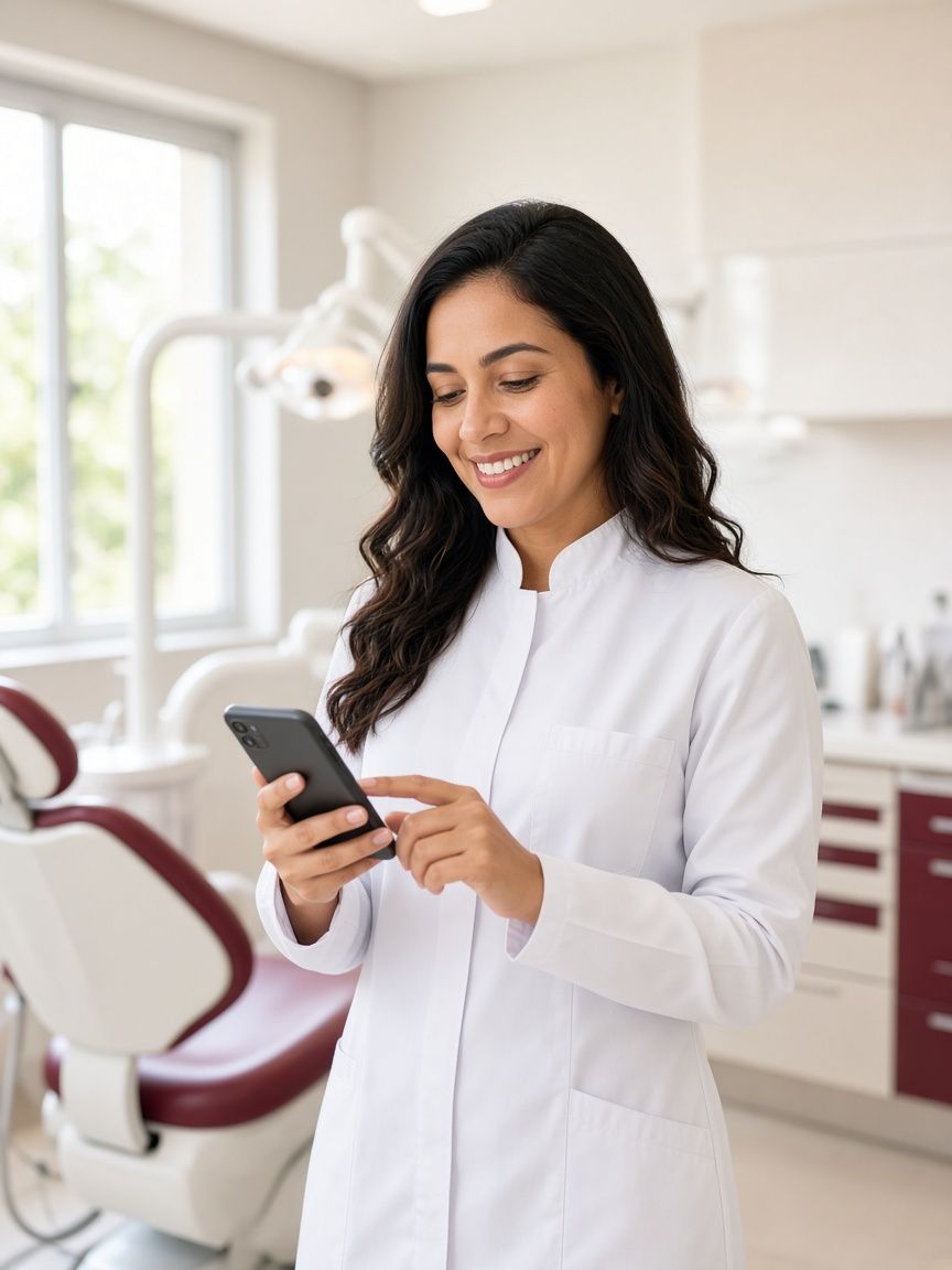 Cirurgiã-dentista votando pelo celular no consultório